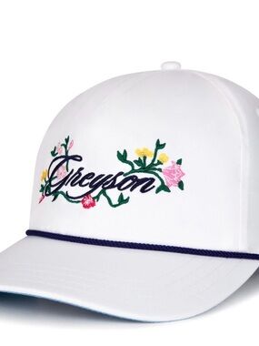 Greyson White Floral Script Rope-Trim Cap